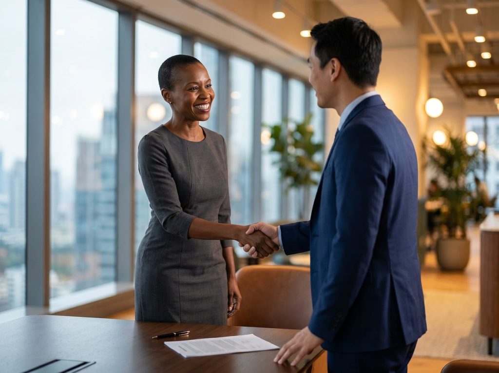 business, handshake, partnership, contract, collaboration, professionals, diverse, office, modern, success, meeting, deal, teamwork, leadership, cityscape, joyful, woman, man, formal